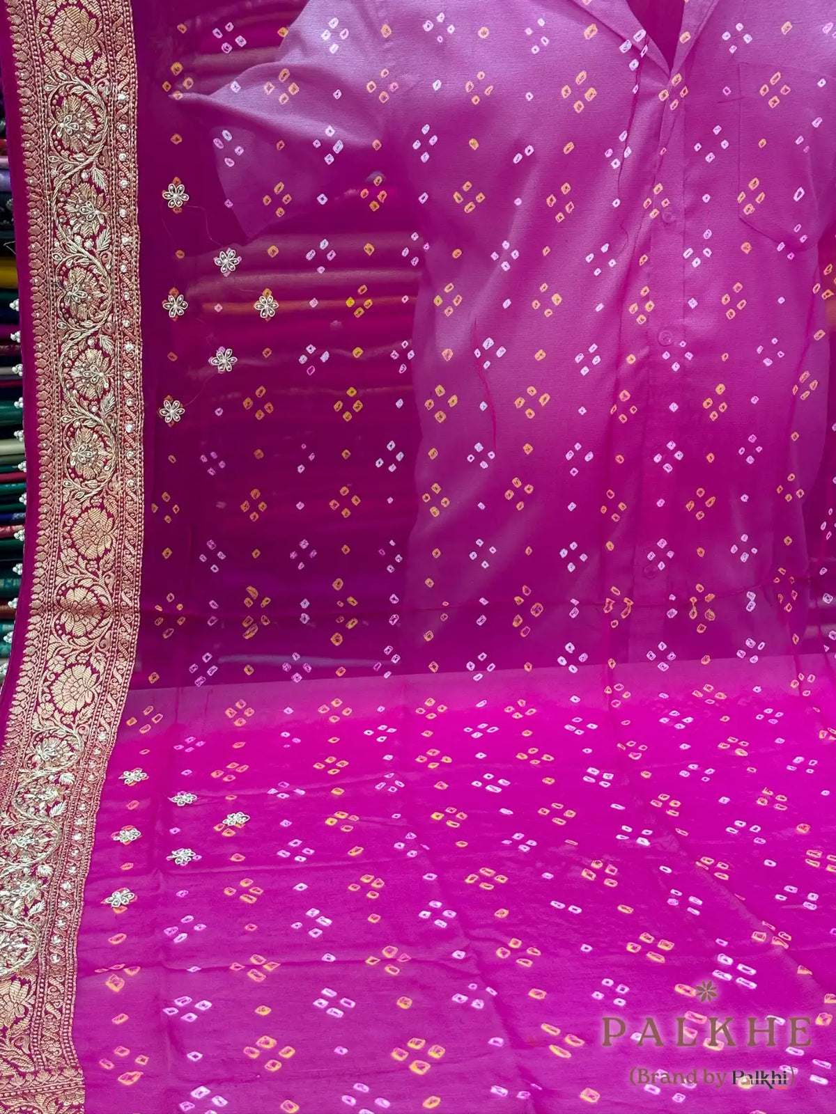 Rani Pink Pure Georgette Bandhej x Hand Embroidery