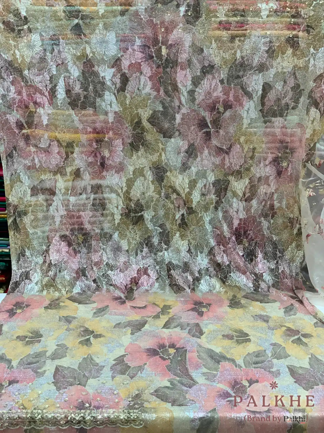 Cream Leaf Motifs Organza x Hand Embroidery (CM82)