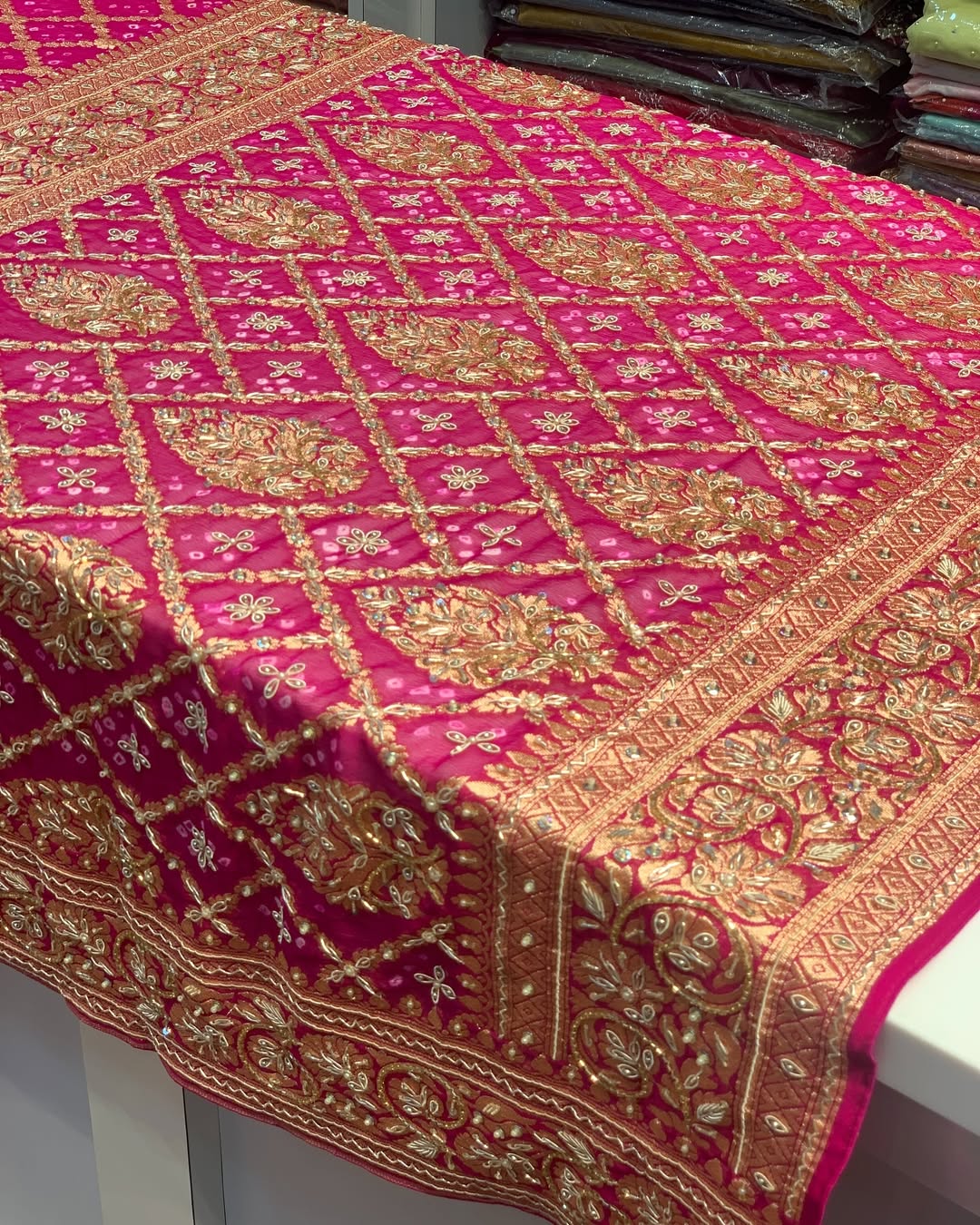 PINK SHADED PURE GEORGETTE BANDHANI WITH ZARDOSI WORK