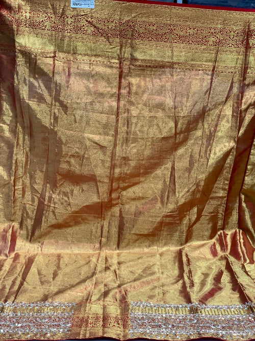 Gold with Maroon Floral Jaal Tissue Brocade Silk Kanjivaram x Hand Embroidery