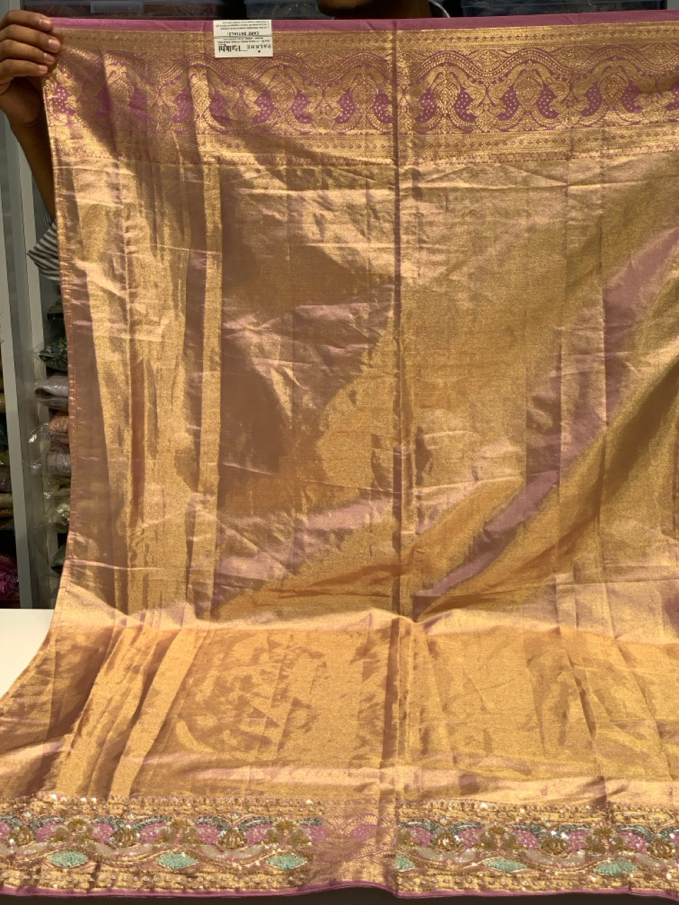 Pista Green Tissue Silk Brocade Kanjivaram x Hand Embroidery