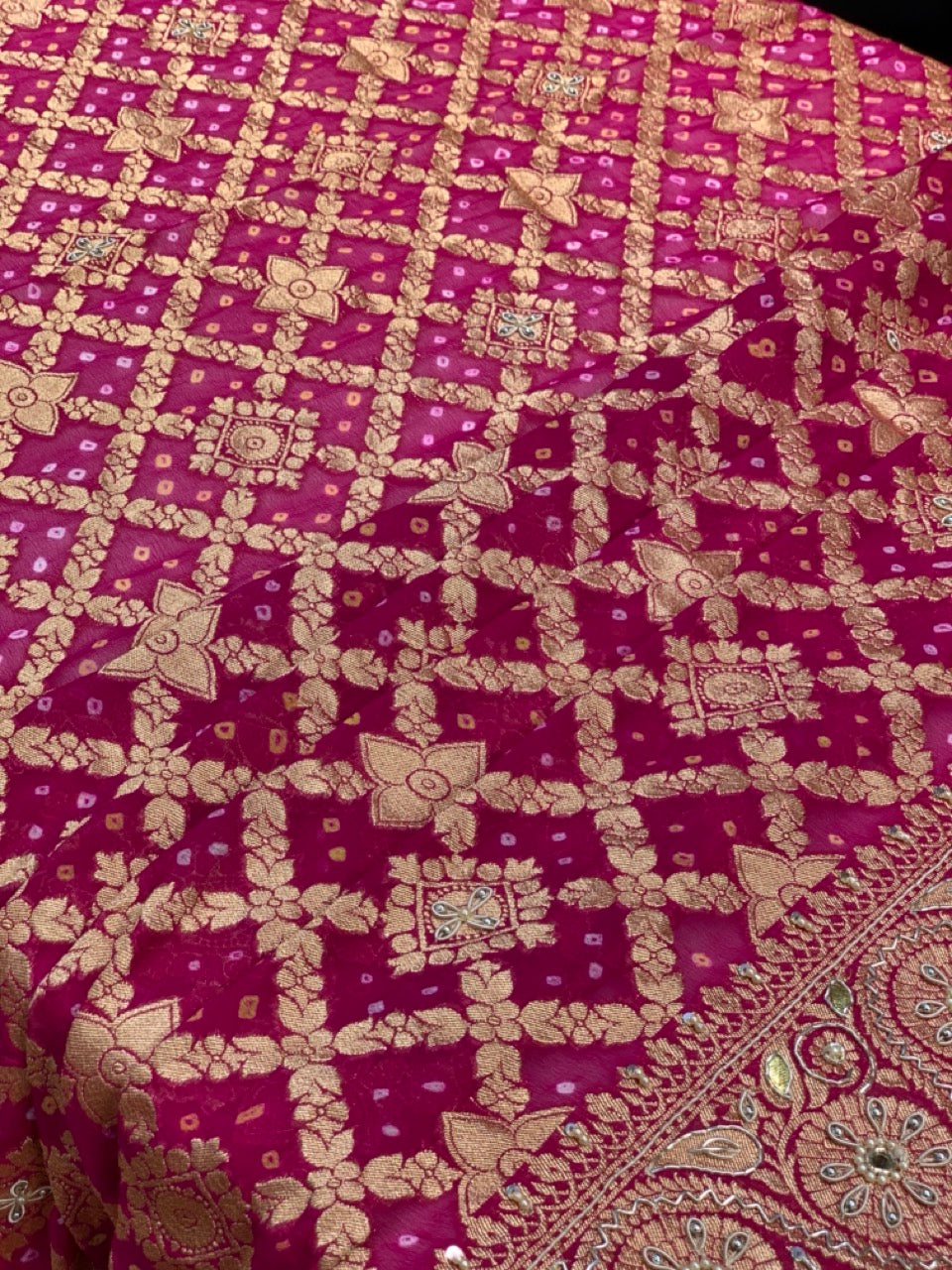 Pure Georgette Hand Bandhej in Rani Pink x Embroidery