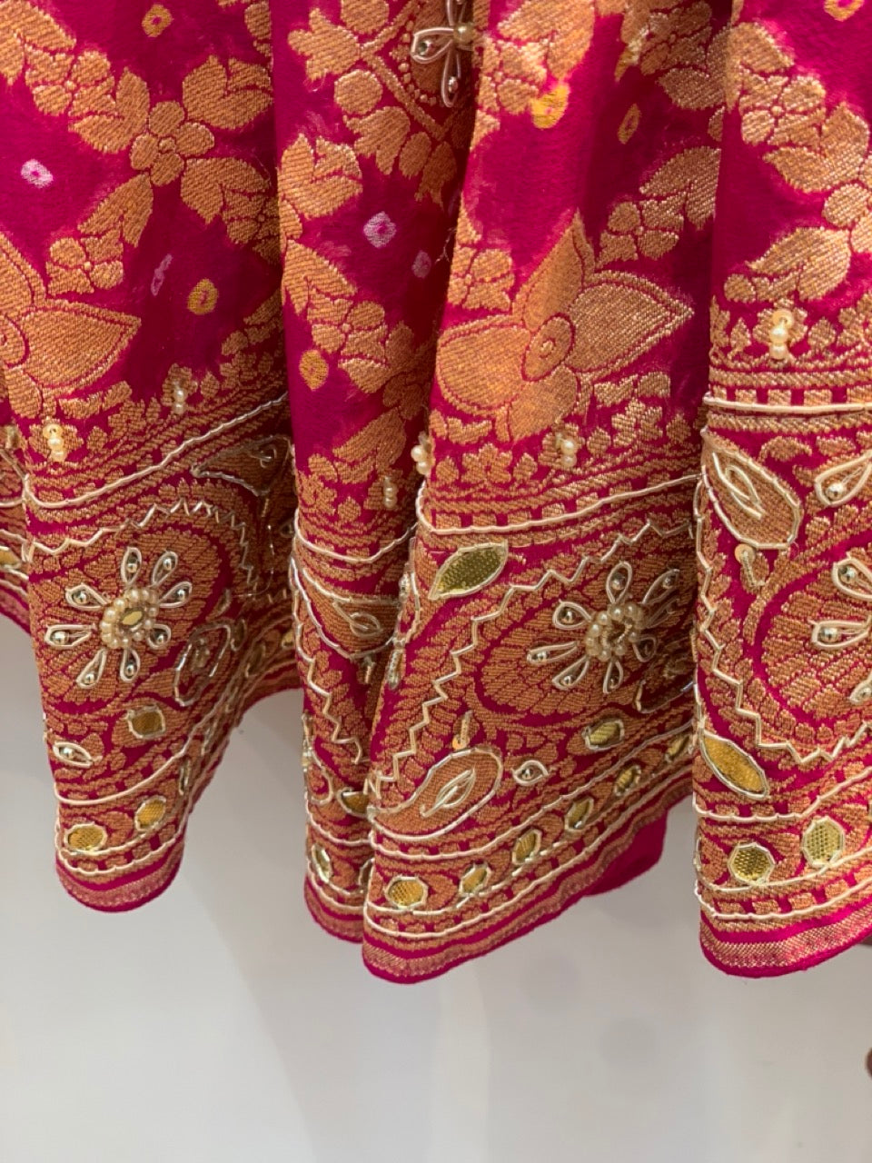 Pure Georgette Hand Bandhej in Rani Pink x Embroidery
