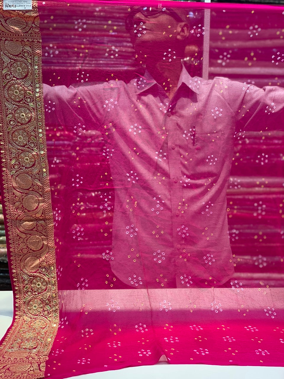 Pure Georgette Hand Bandhej in Rani Pink x Embroidery