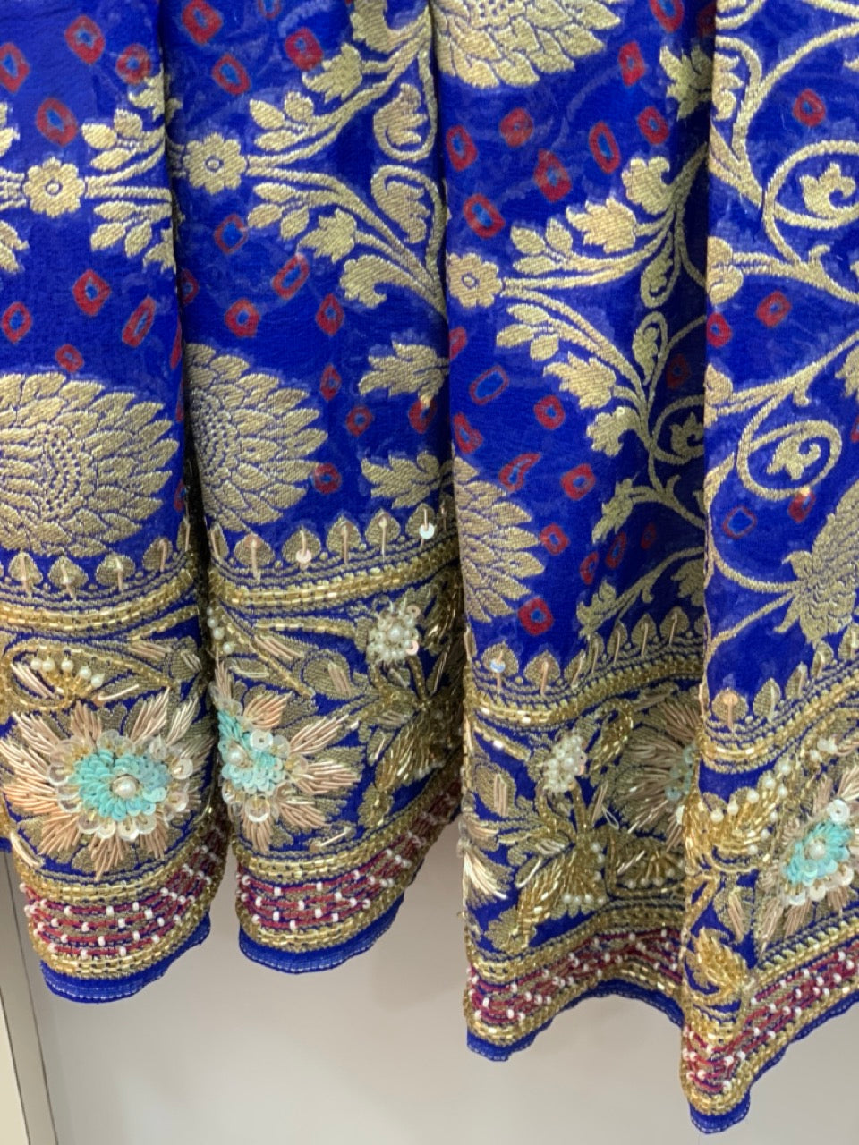 Pure Georgette Hand Bandhej in Royal Blue x Embroidery