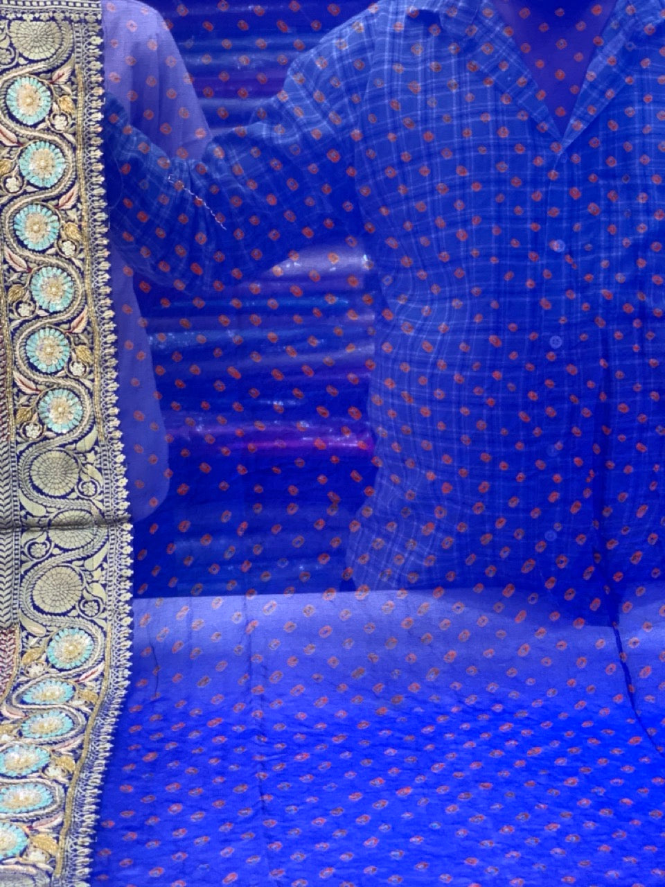 Pure Georgette Hand Bandhej in Royal Blue x Embroidery
