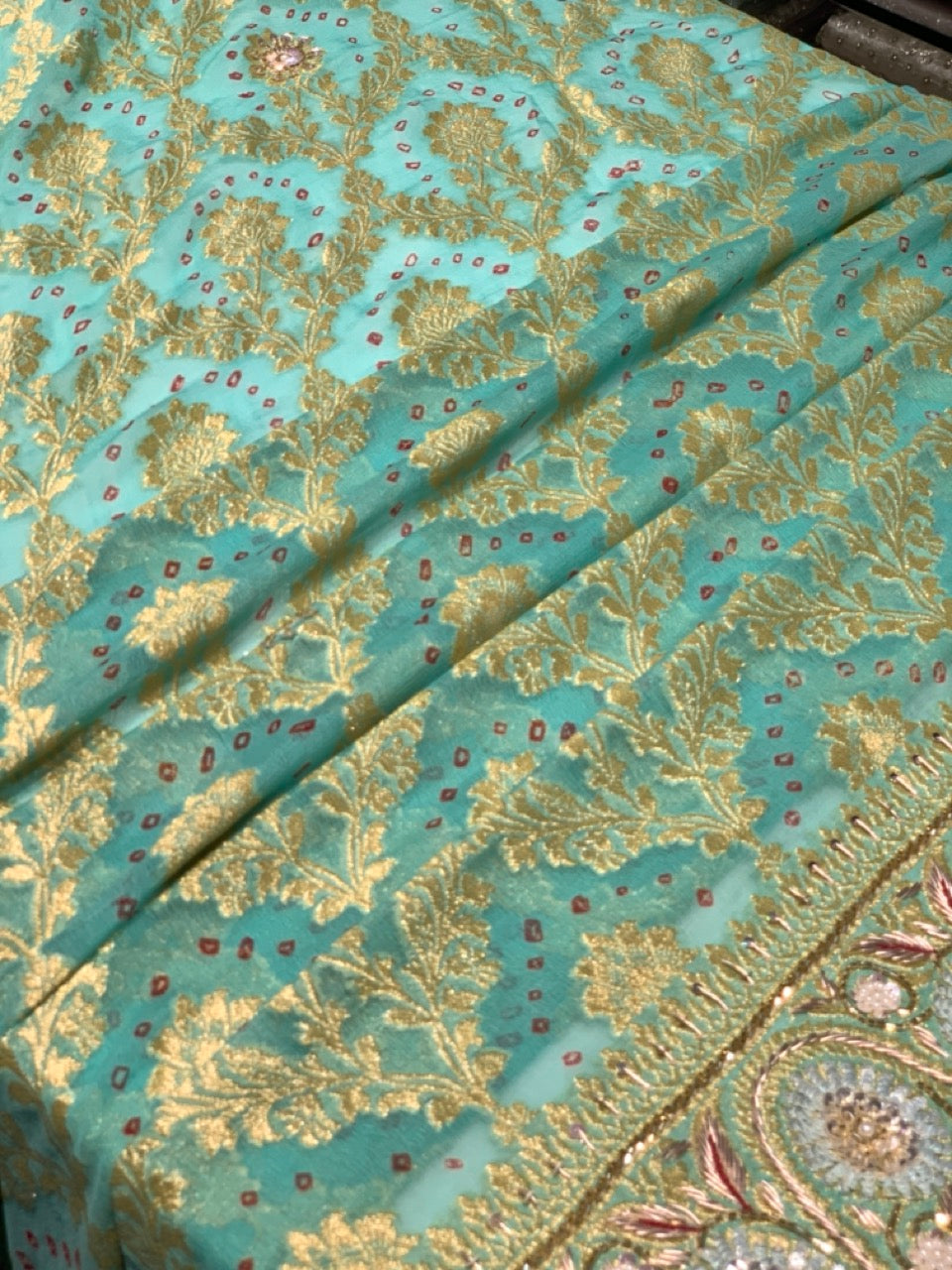 Pure Georgette Hand Bandhej in Mint Green x Embroidery