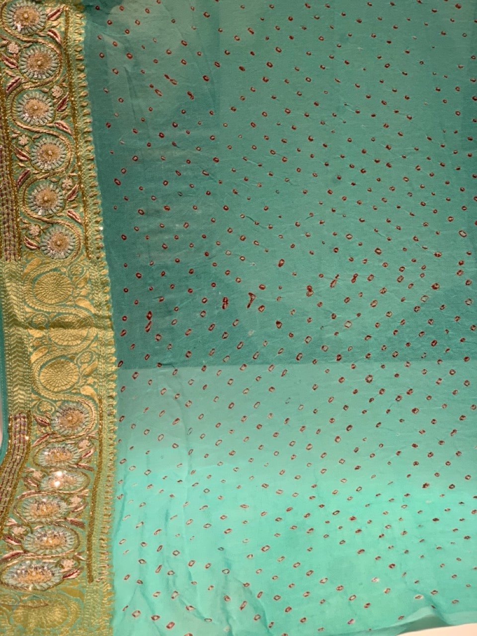 Pure Georgette Hand Bandhej in Mint Green x Embroidery