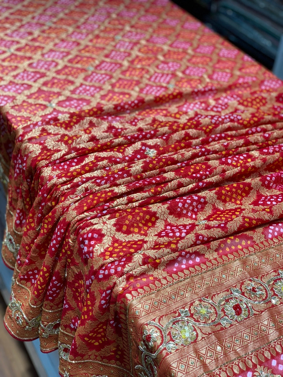 PURE GEORGETTE HAND BANDHEJ IN RED X EMBROIDERY
