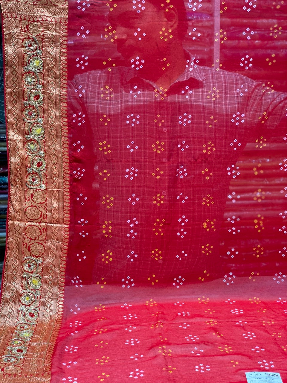 PURE GEORGETTE HAND BANDHEJ IN RED X EMBROIDERY