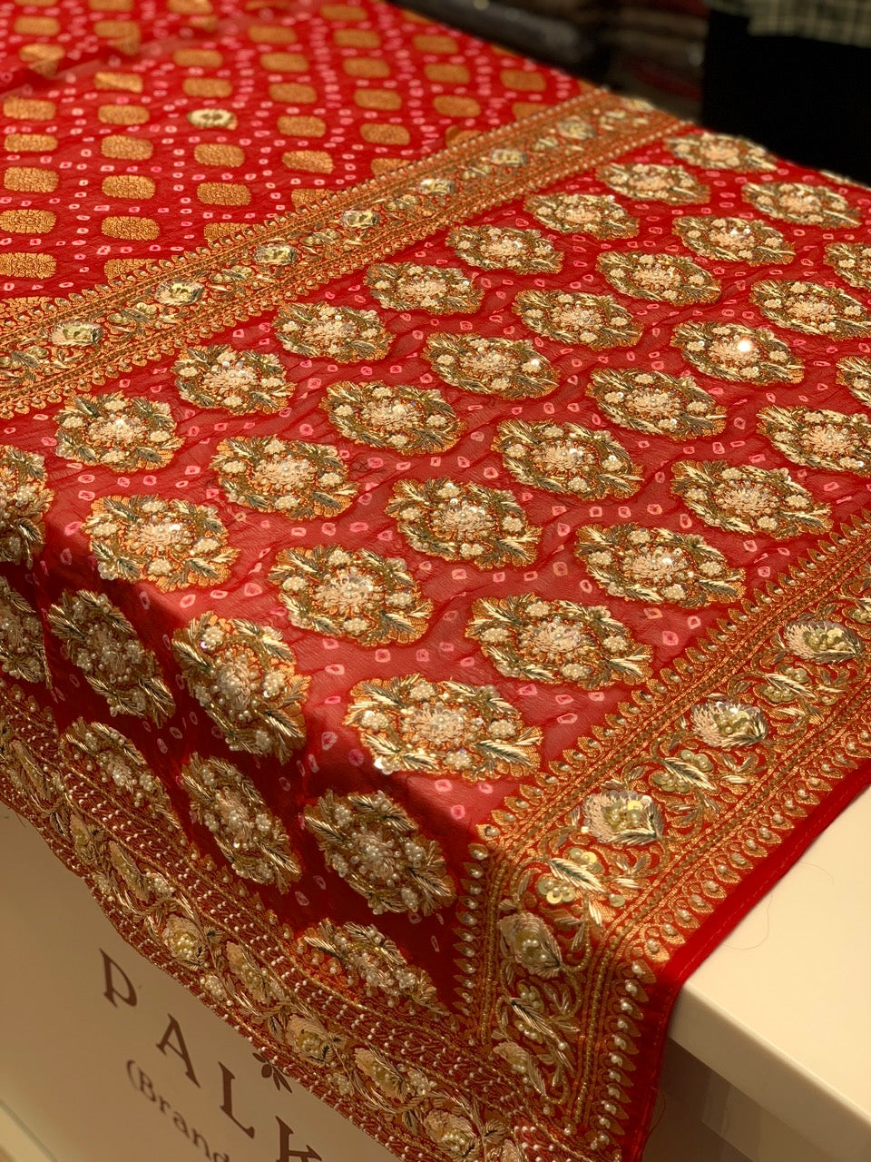 Pure Georgette Hand Bandhej in Red x Embroidery