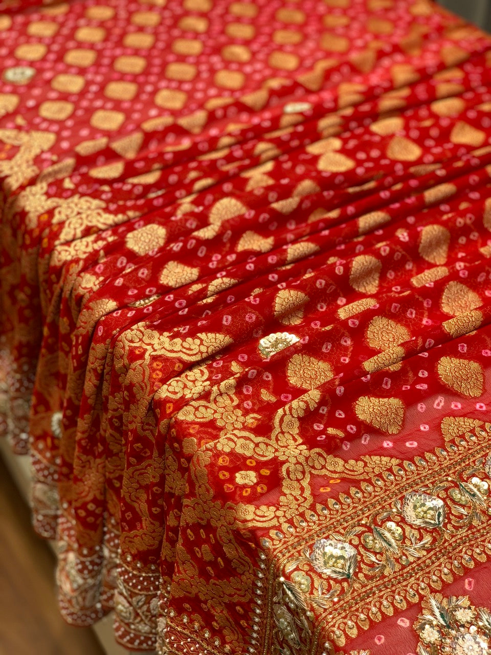Pure Georgette Hand Bandhej in Red x Embroidery