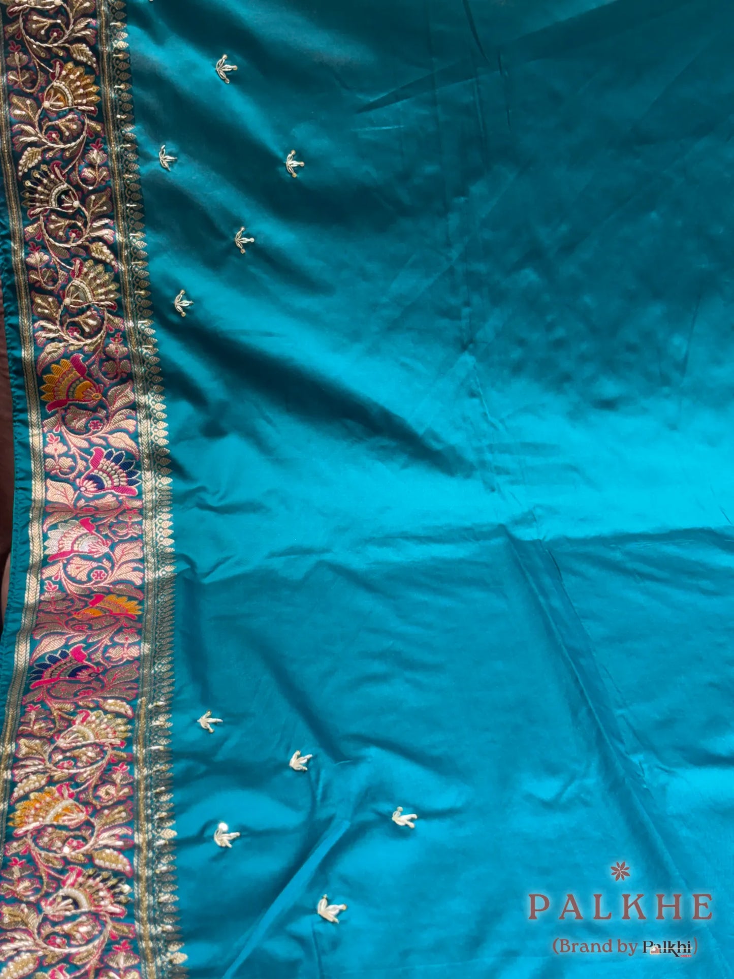 Rama Green Floral Jaal Semi Silk Banarasi x Hand Embroidery
