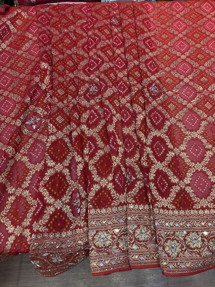 Georgette Weaving Bandhani Embroidery (AT70-RED)