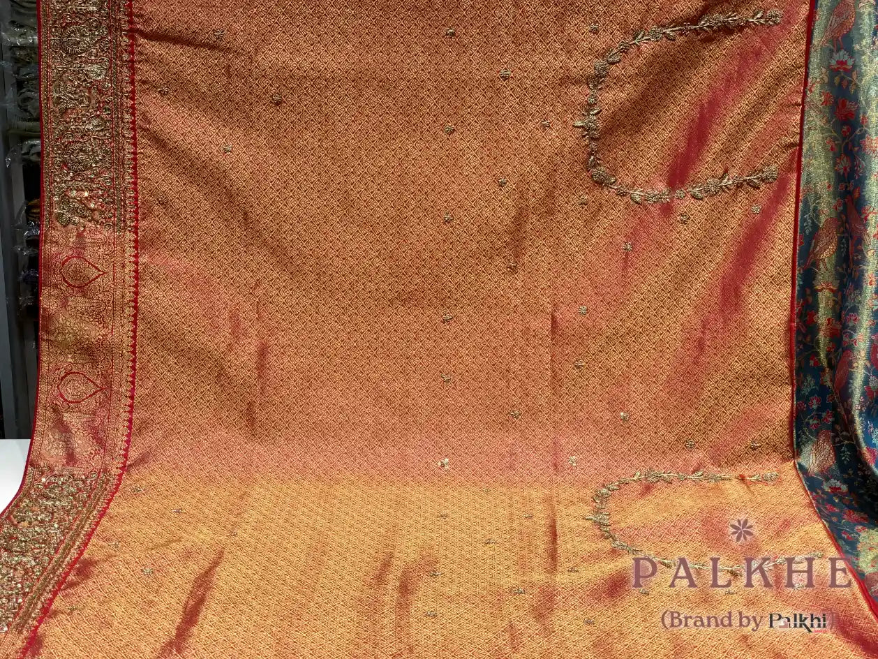 Aqua Blue & Pink Bird & Floral Kanjivaram x Hand Embroidery