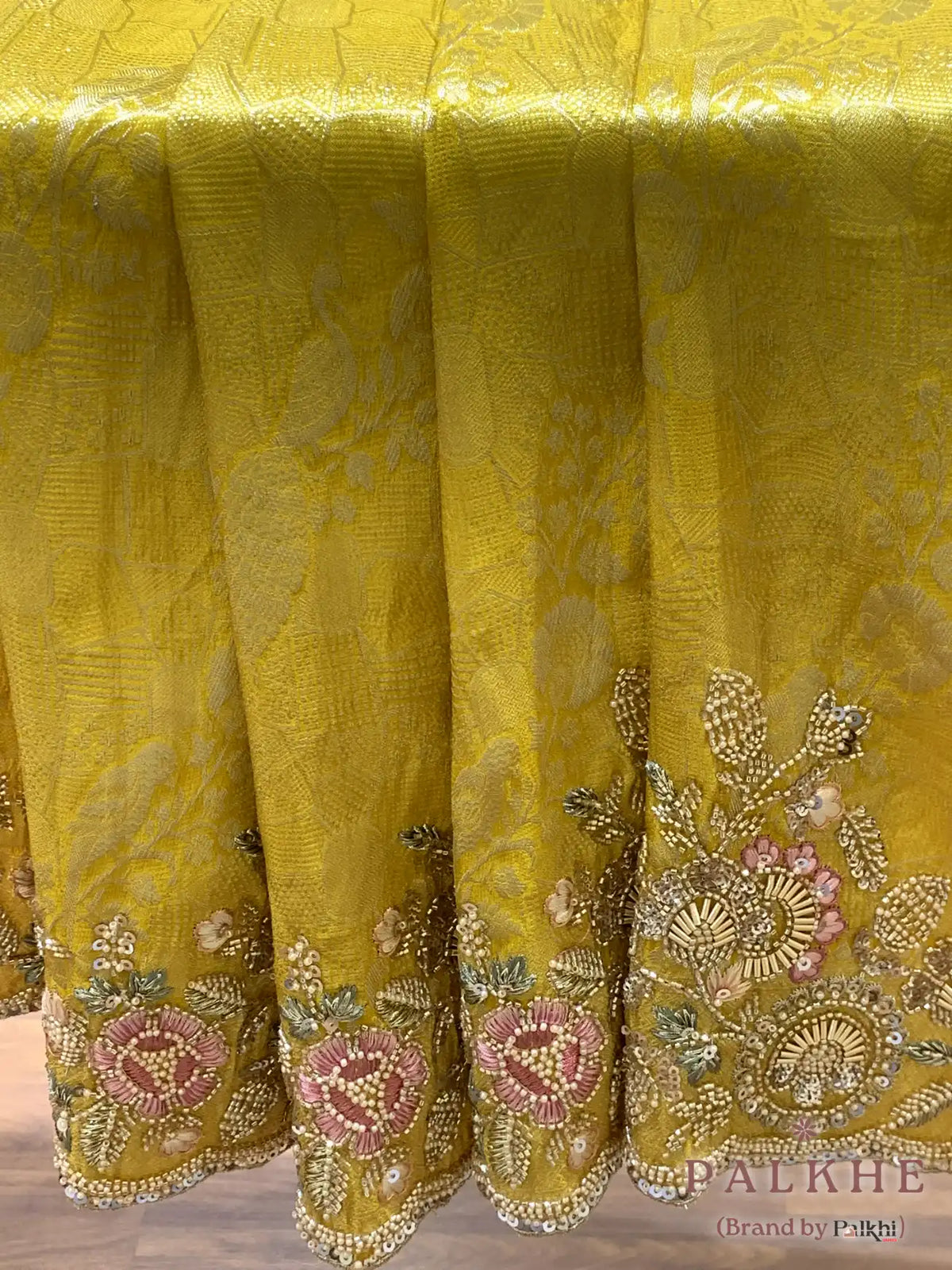 Yellow Floral Brocade Jaal Kanjivaram x Hand Embroidery (cu00)