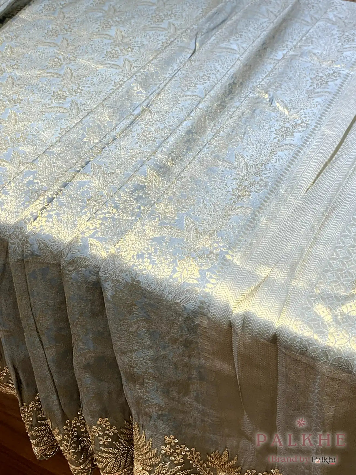 Ice Blue Floral Kanjivaram x Hand Embroidery (CU74)