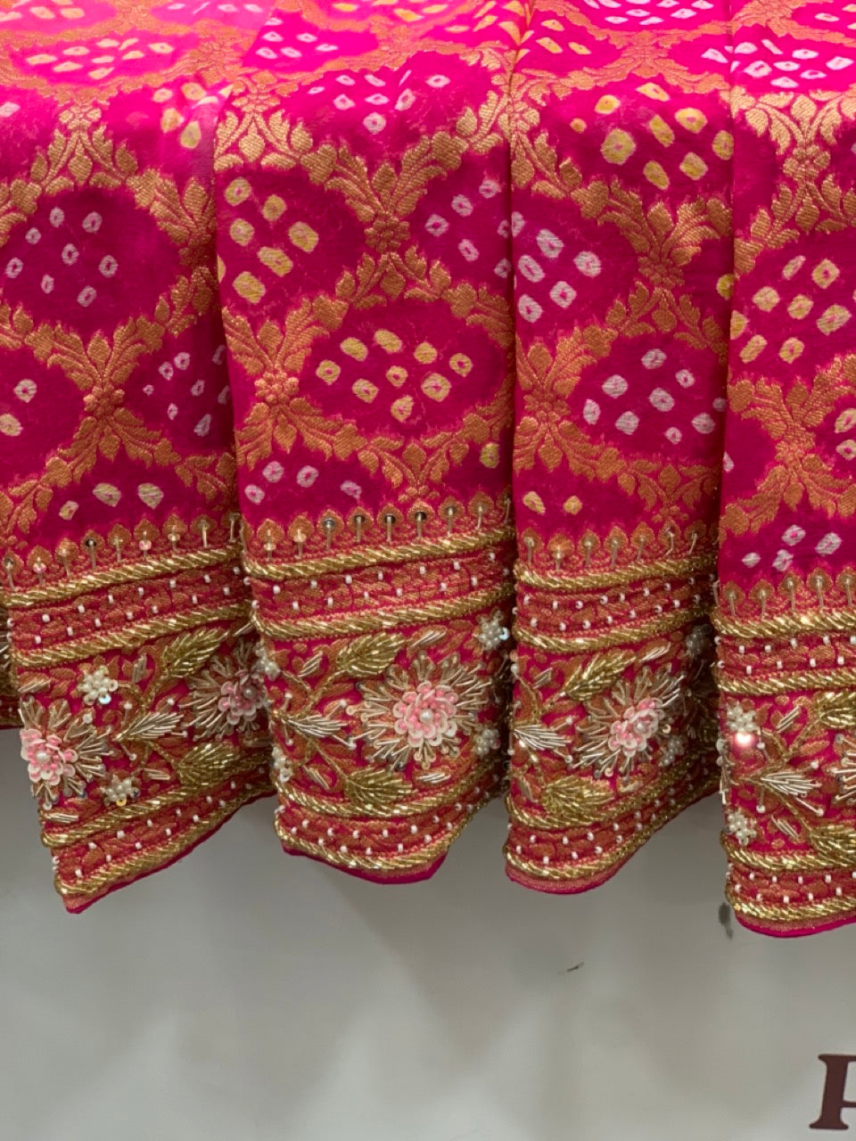 Pure Georgette Hand Bandhej in Rani Pink x Embroidery