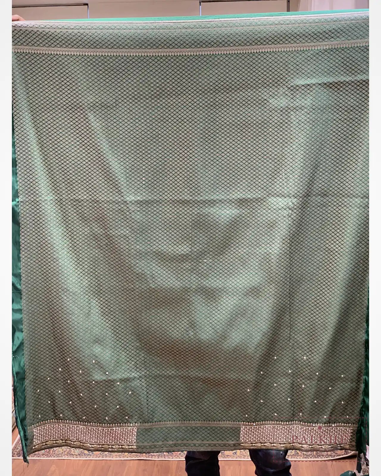 Bottle Green Floral Jaal Semi Silk Banarasi x Hand Embroidery