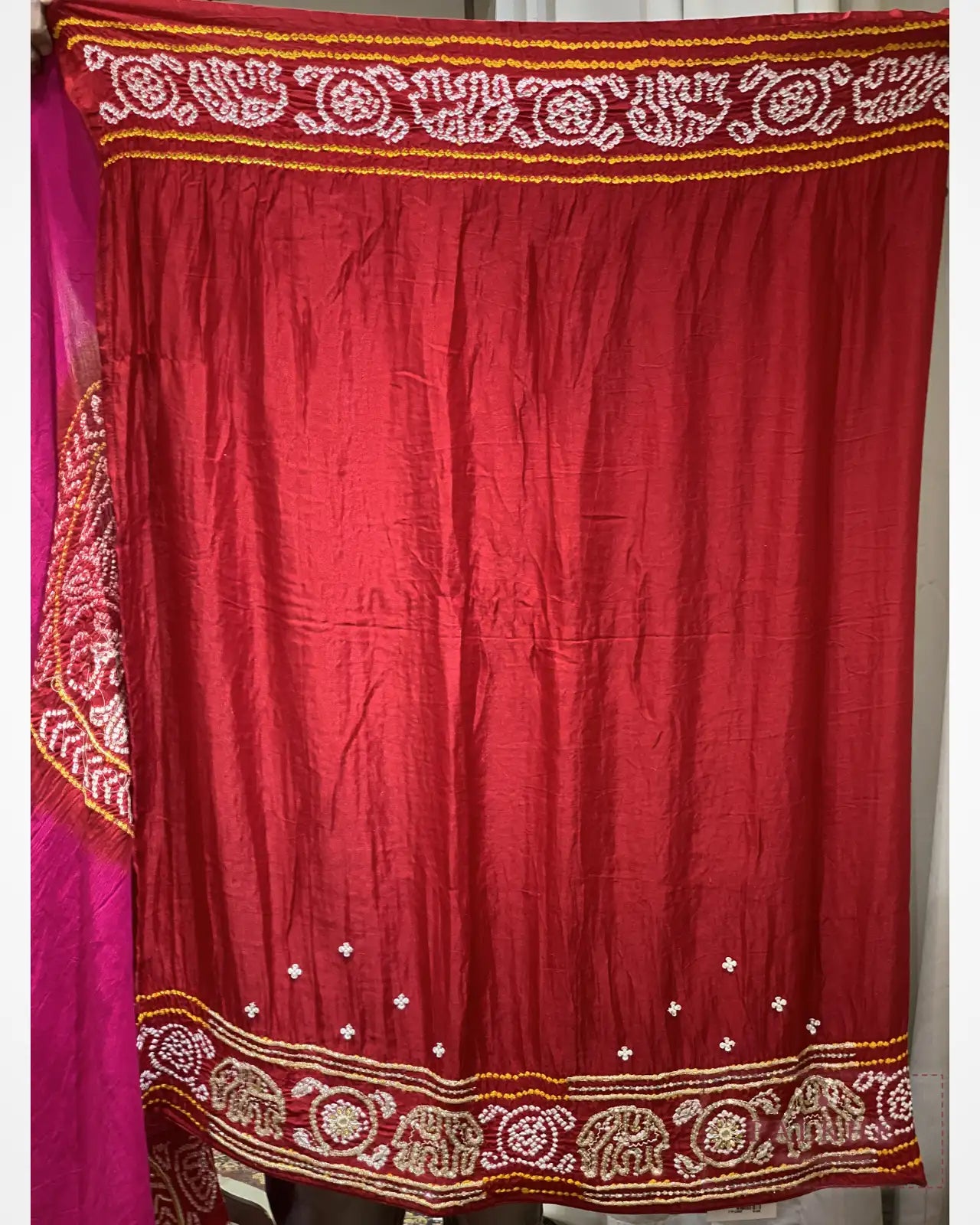 Red and Magenta Pure Gajji Silk Bandhej x Hand Embroidery