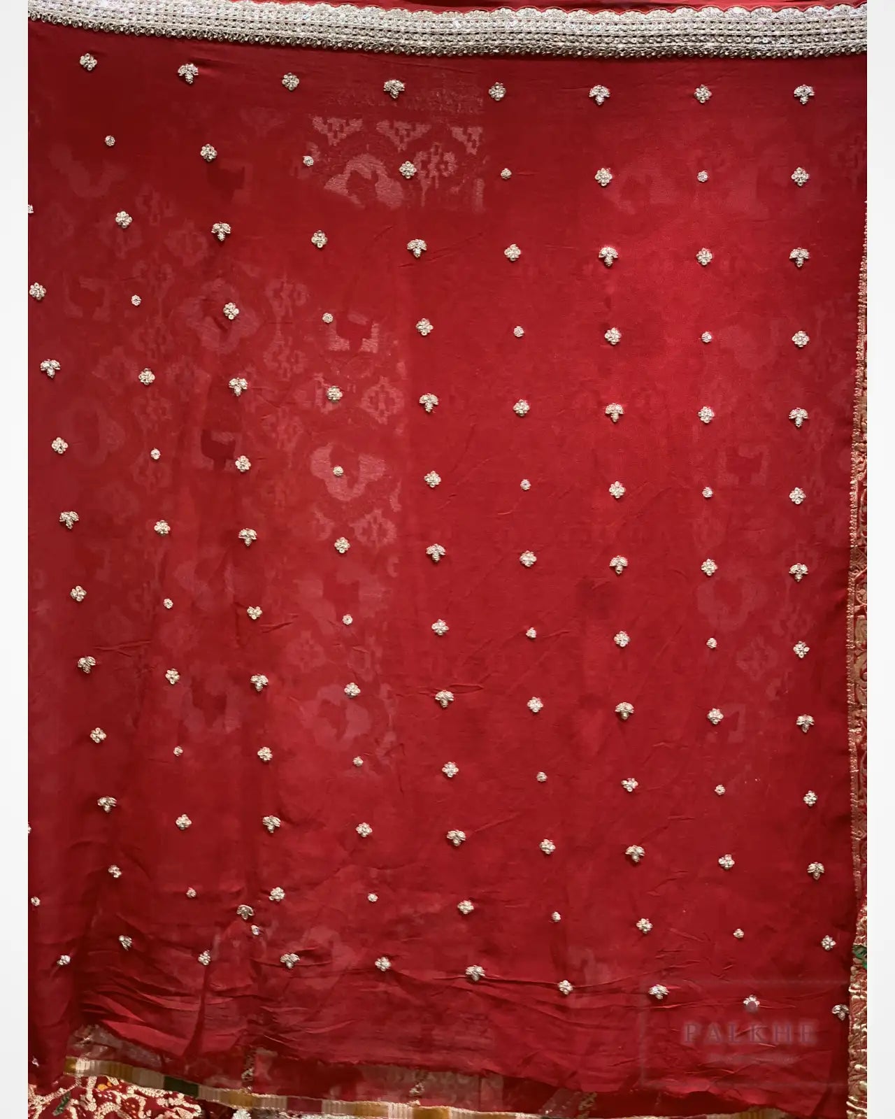 Red Animal Motifs Georgette Bandhej x Hand Embroidery
