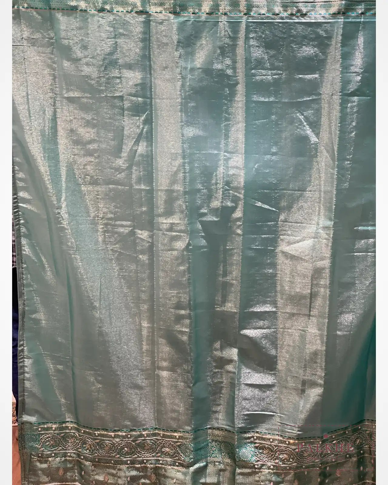 Aqua Blue Semi Silk Brocade Kanjivaram x Hand Embroidery