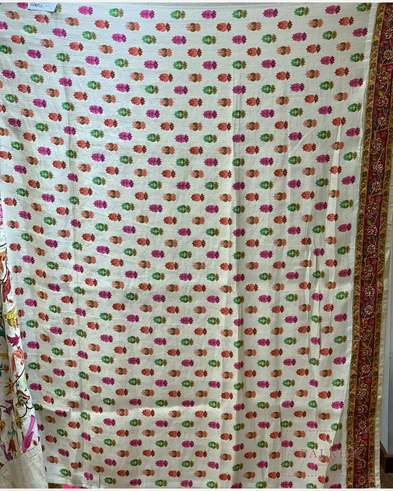 Ivory Bird Motifs Silk Pashmina x Hand Embroidery