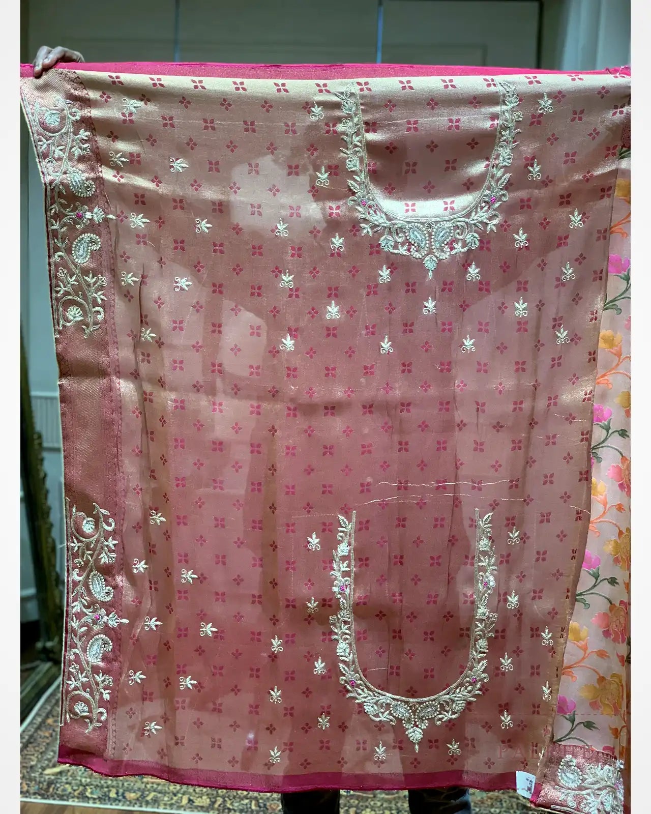 Blush Pink Floral Jaal Silk Tissue x Hand Embroidery