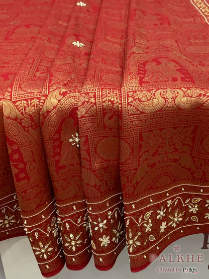 Red Raja Rani Kanjivaram x Hand Embroidery (CR98)