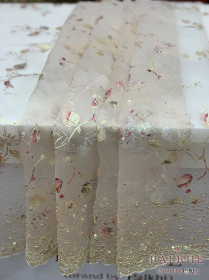 Cream Leaf Motifs Organza x Hand Embroidery (CM82)