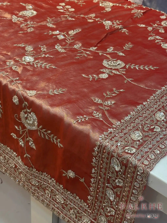 Burnt Rust Orange Tissue Silk Tissue x Hand Embroidery