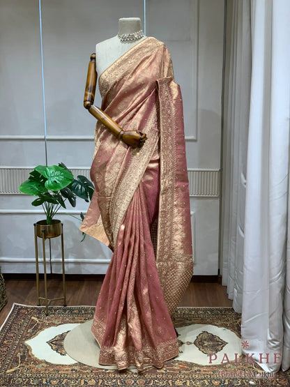 Pink Tissue Kanjivaram Silk x Hand Embroidery