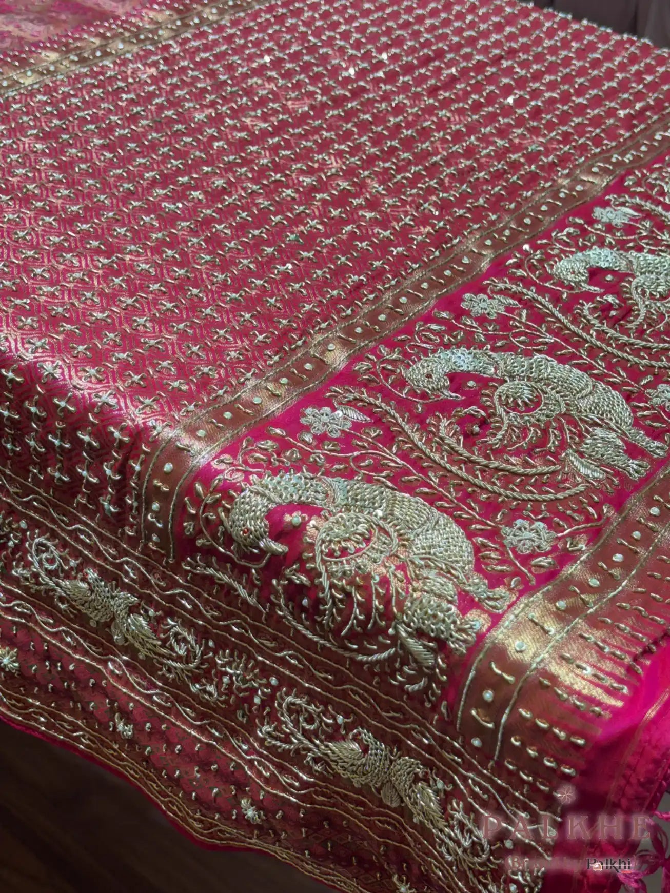 Pink Brocade Tissue Silk Kanjivaram x Hand Embroidery