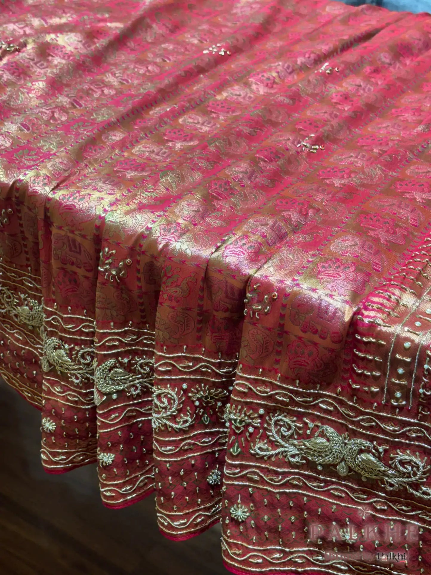 Pink Brocade Tissue Silk Kanjivaram x Hand Embroidery