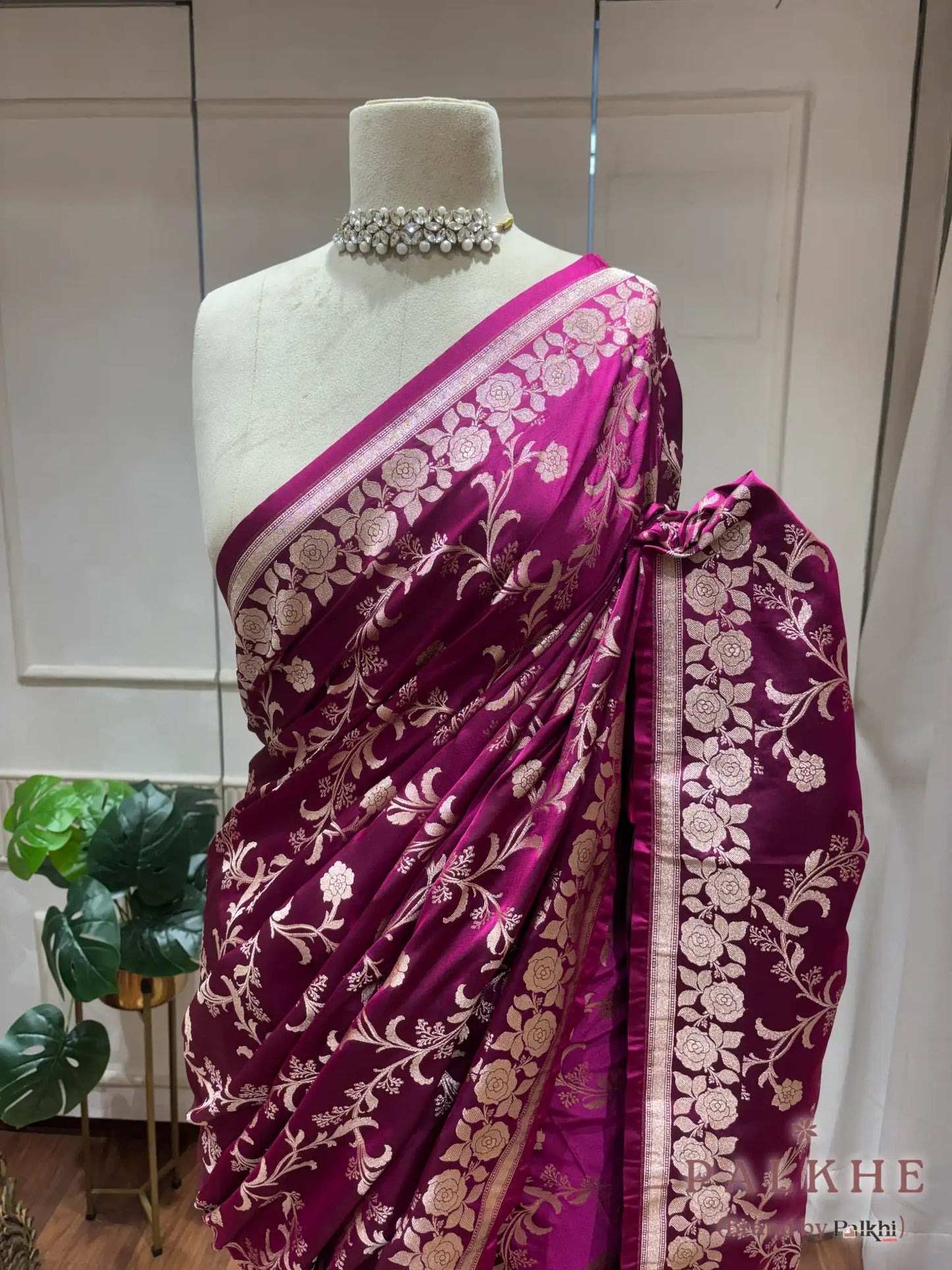 Magenta Banarasi Floral Jaal in Katan Silk