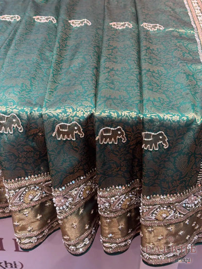 Bottle Green Pure Kanjivaram x Hand Embroidery