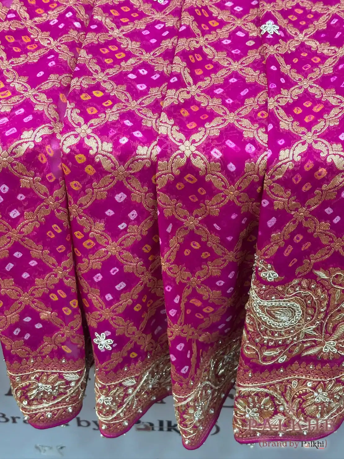 Rani Pink Pure Georgette Bandhej x Hand Embroidery