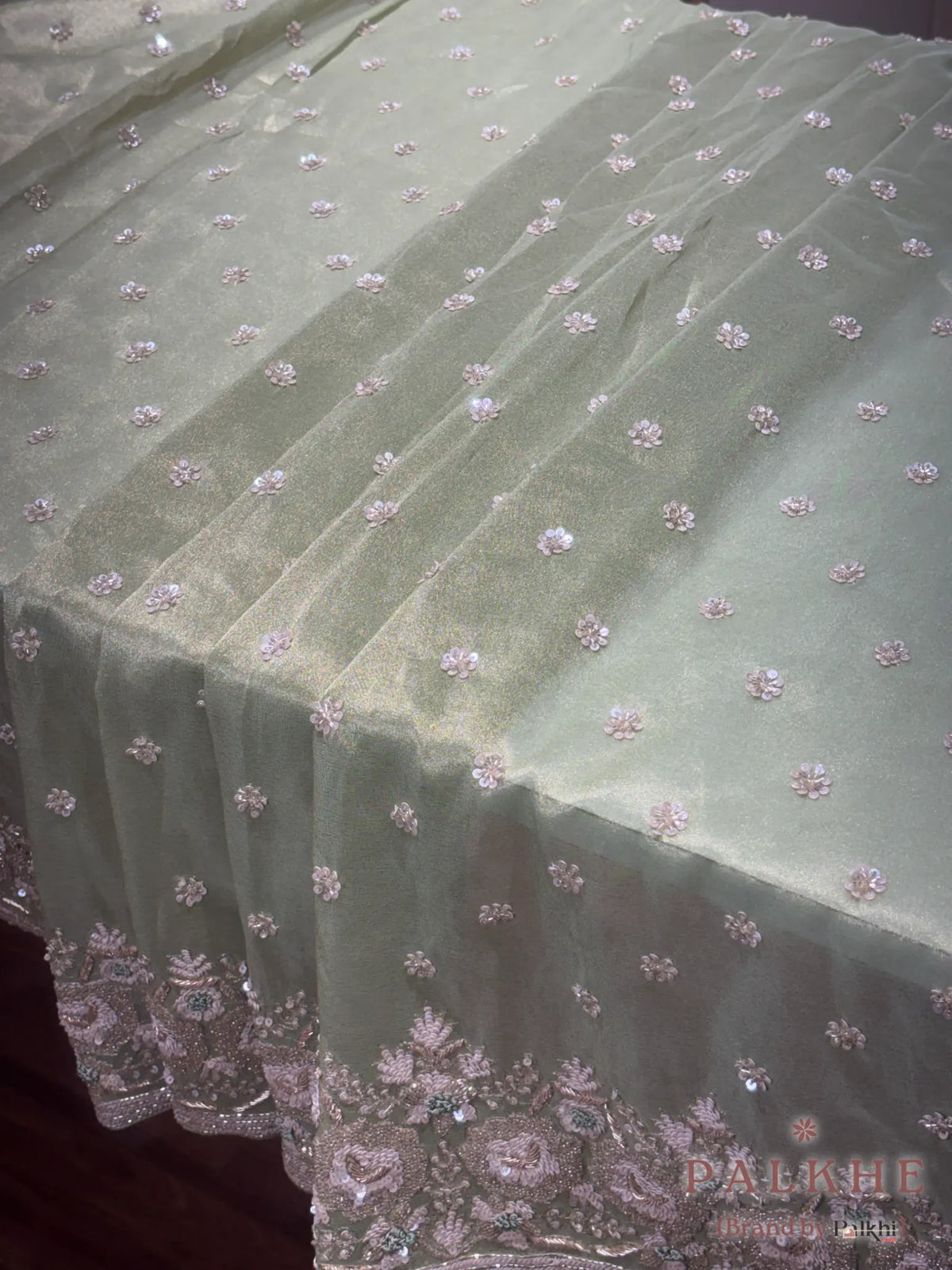 Pista Green Buttis Tissue Silk x Hand Embroidery