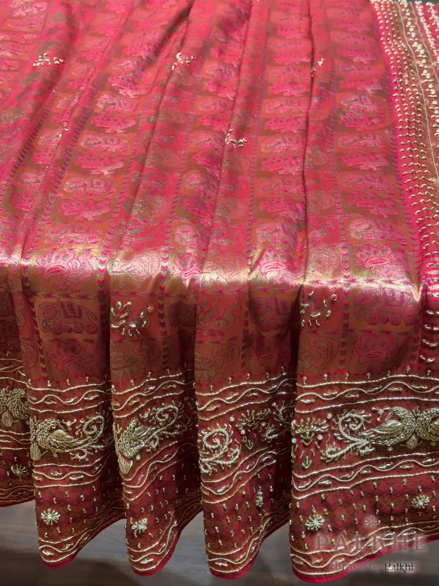 Pink Brocade Tissue Silk Kanjivaram x Hand Embroidery