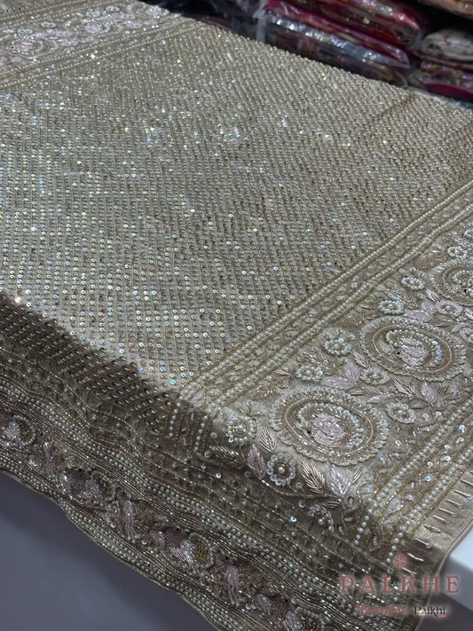 Gold Floral Jaal Kanjivaram x Hand Embroidery