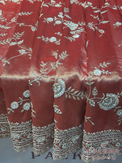 Burnt Rust Orange Tissue Silk Tissue x Hand Embroidery