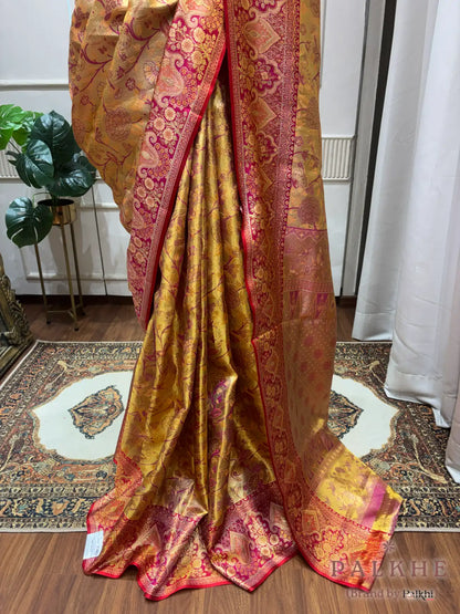 Mustard and Pink Kanjivaram Floral Jaal in Silk