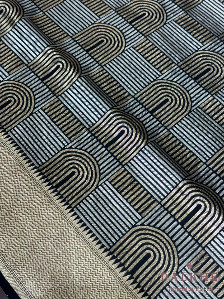 Black and Silver Banarasi Geometric in Satin Silk