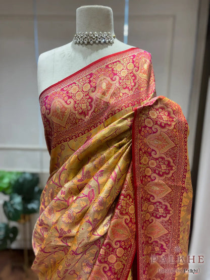 Mustard and Pink Kanjivaram Floral Jaal in Silk