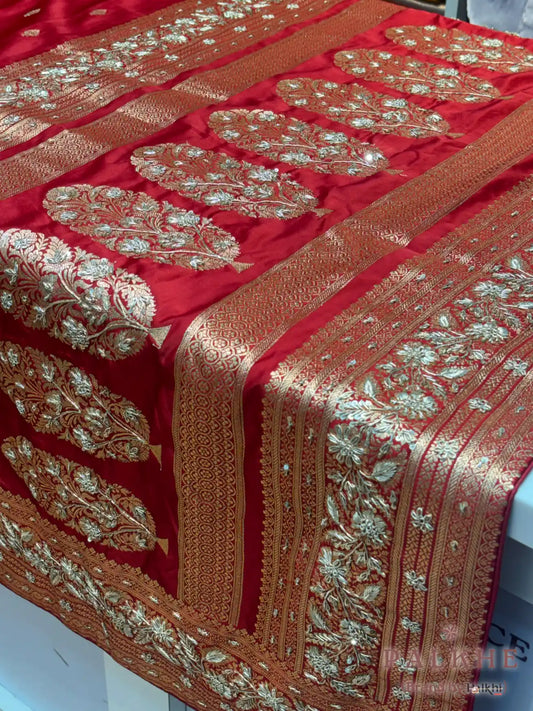 Red Pure Katan Silk Banarasi x Hand Embroidery