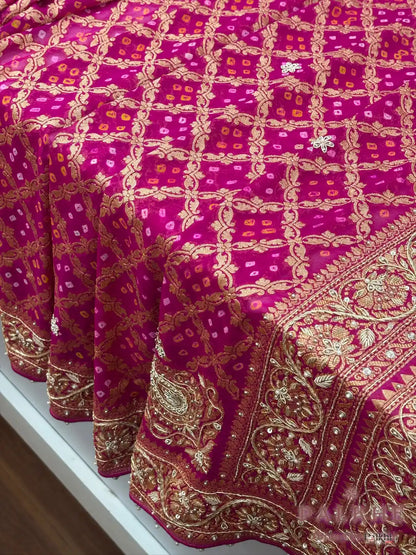 Rani Pink Pure Georgette Bandhej x Hand Embroidery