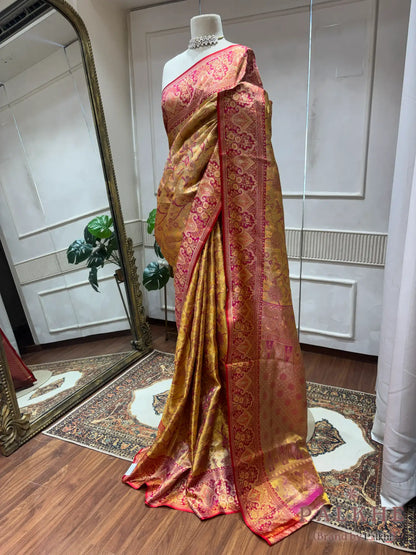 Mustard and Pink Kanjivaram Floral Jaal in Silk