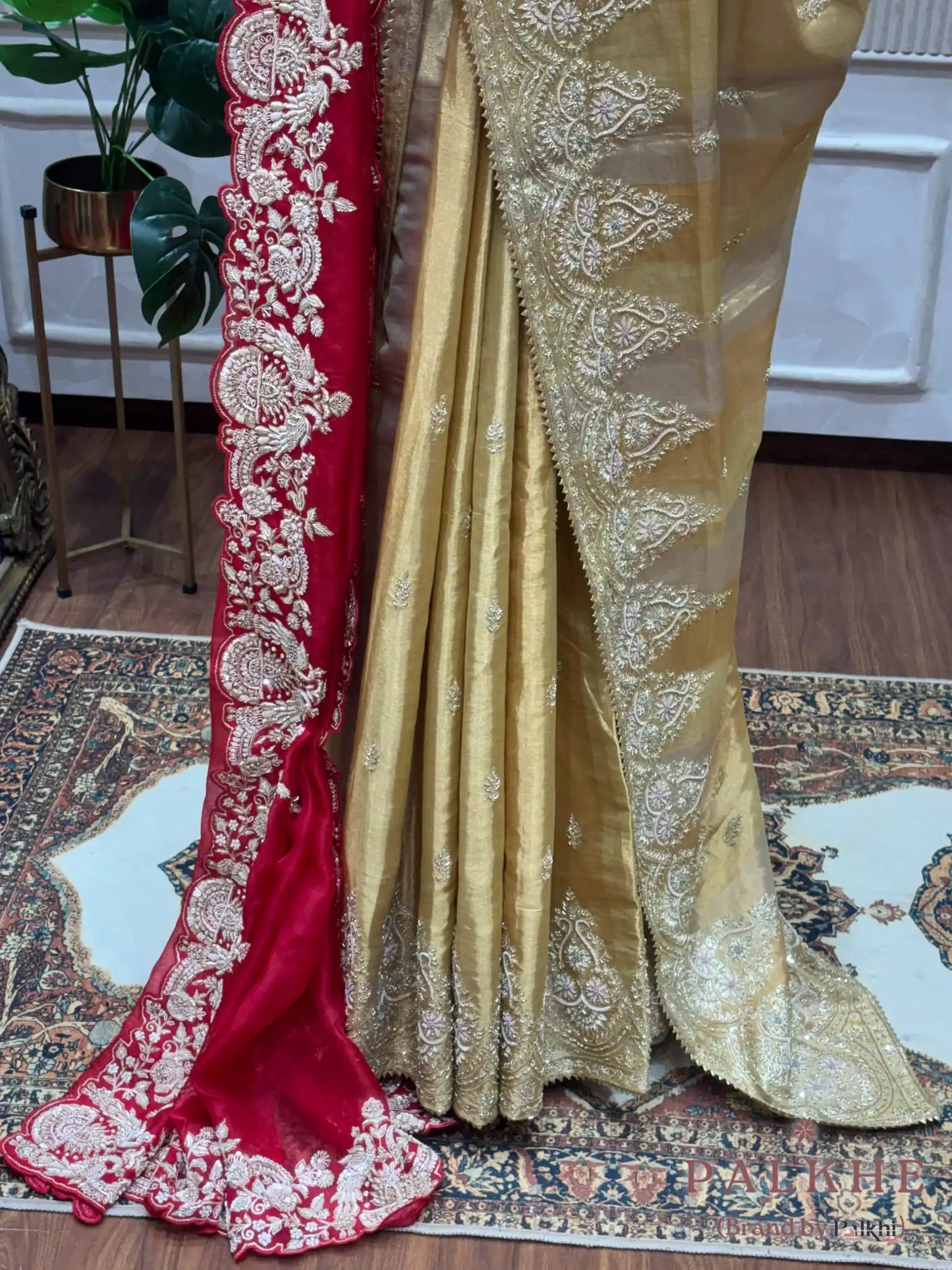 Golden & Red Pure Kanjivaram x Hand Embroidery