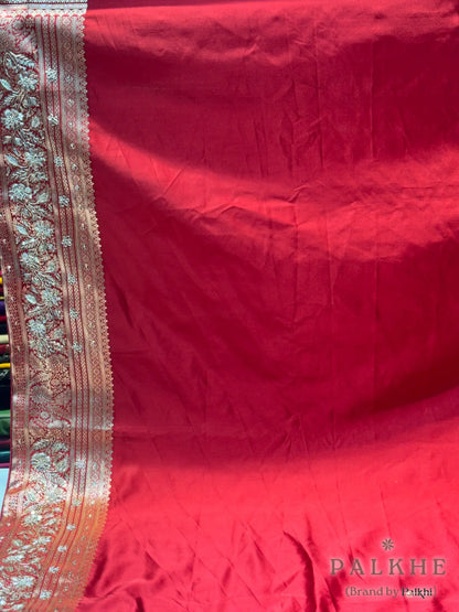 Red Pure Katan Silk Banarasi x Hand Embroidery