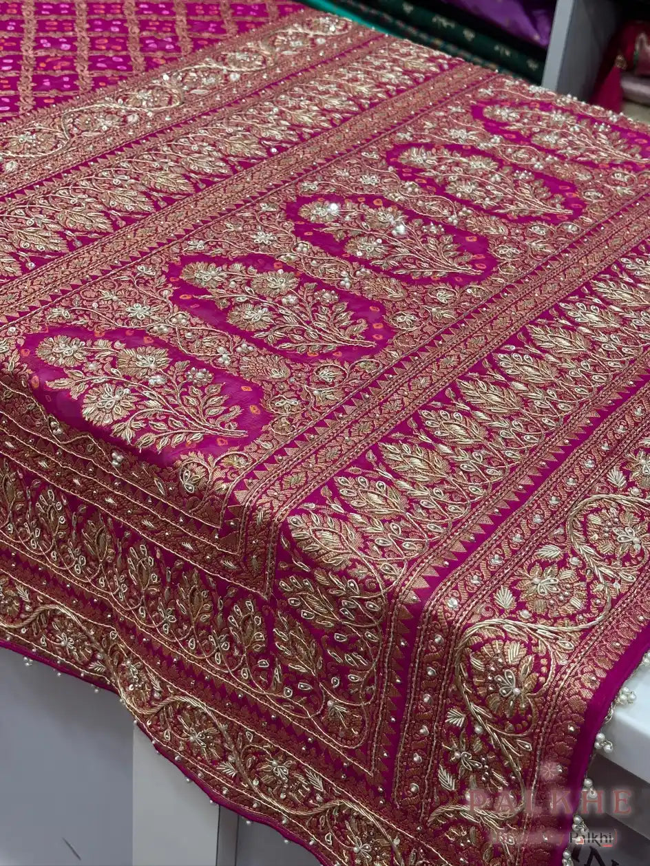 Rani Pink Pure Georgette Bandhej x Hand Embroidery